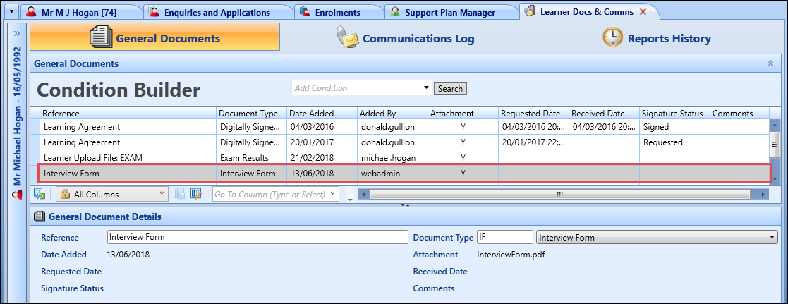 General Documents tab - application document