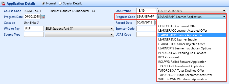 Progress Code field