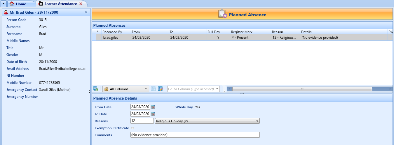 Learner Attendance screen