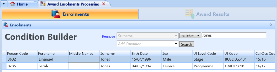 Award Enrolments Processing screen