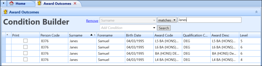 Award Outcomes screen