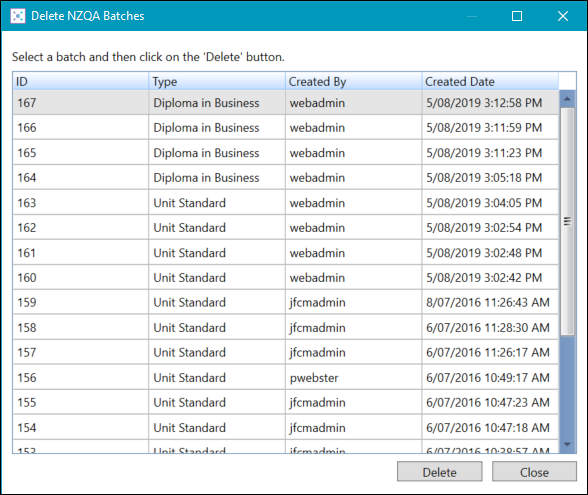 Delete NZQA Batches window