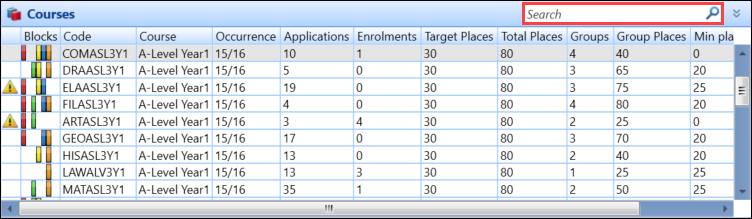 Search bar on the Courses panel