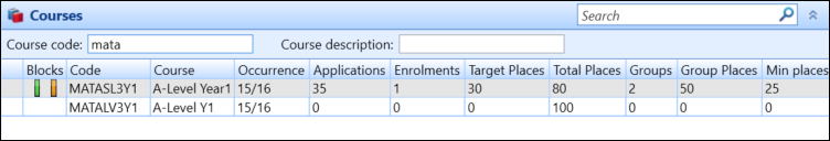 Courses panel search results