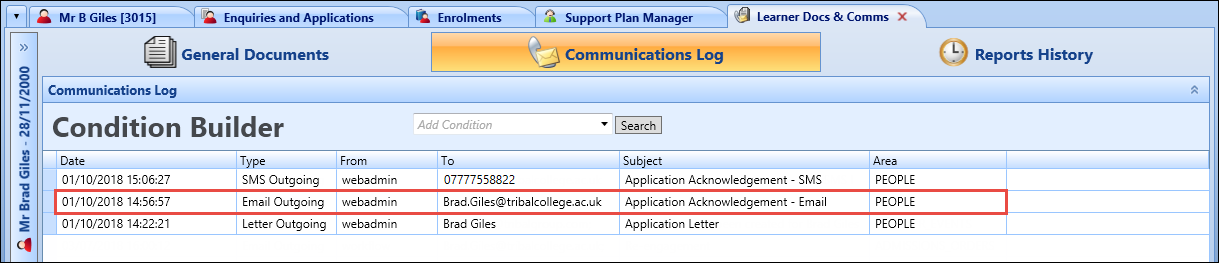 Communications Log tab - email correspondence