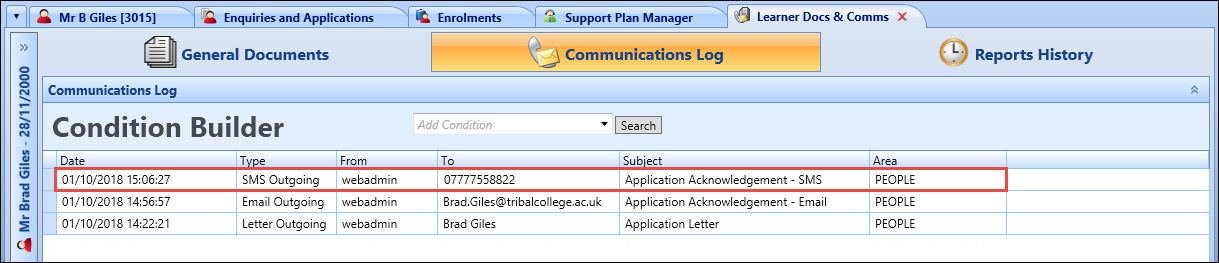 Communications Log tab - SMS correspondence