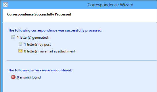 Correspondence Successfully Processed screen - letter