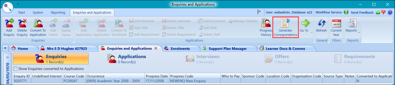 Enquiries tab - Generate Correspondence button