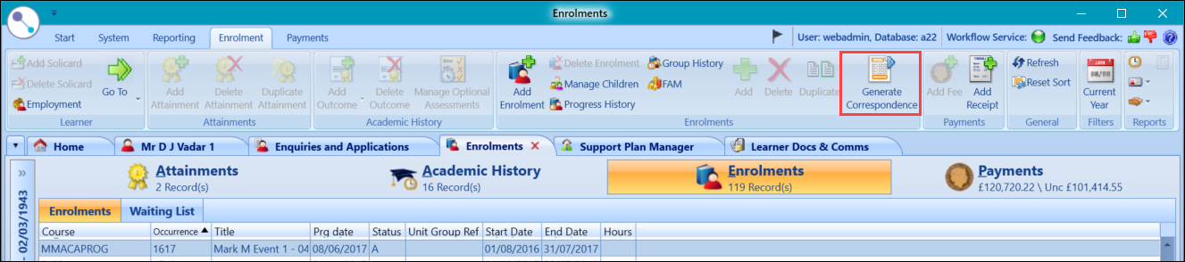 Enrolments tab - Generate Correspondence button