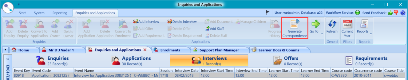 Interviews tab - Generate Correspondence button