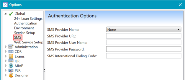 SMS option in the left-hand panel