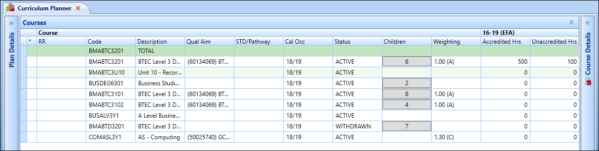 Curriculum Planner screen