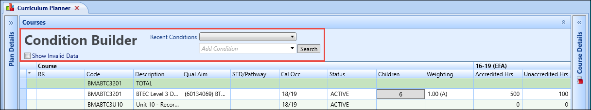 Curriculum Planner screen - condition builder