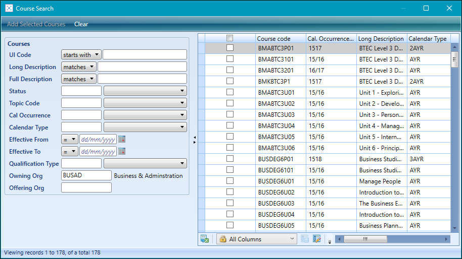 Course Search window