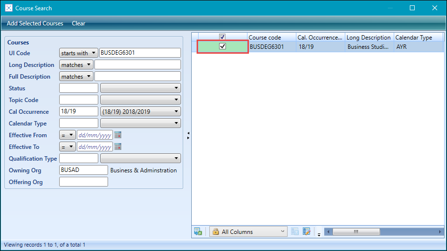 Course Search window - course check box