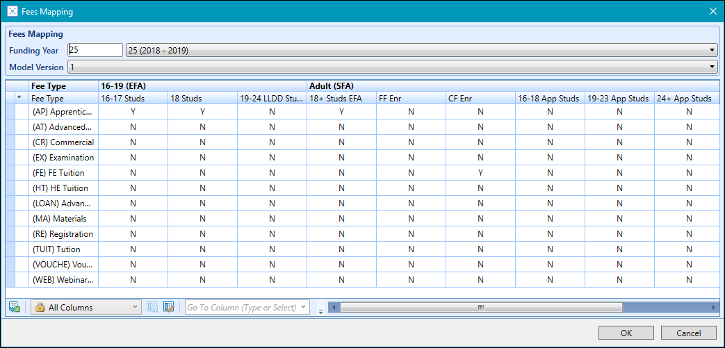 Fees Mapping window