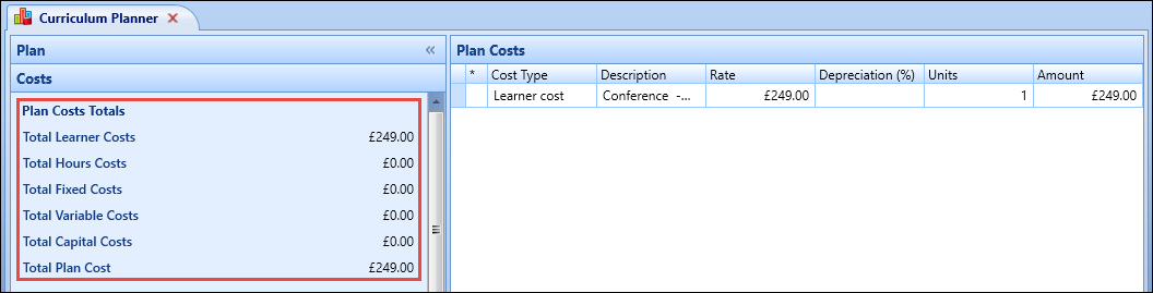 Plan Costs pane - plan cost totals