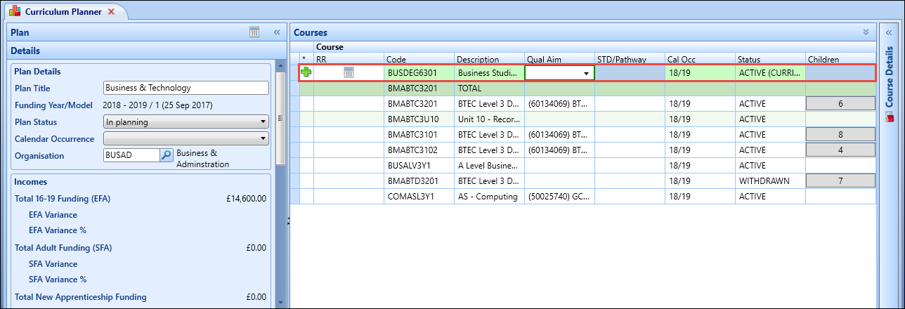 Courses screen