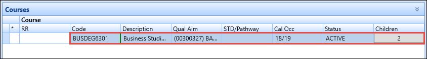 Courses screen - record selected in grid