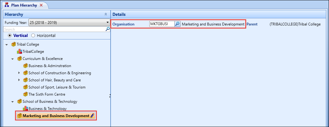 Plan Hierarchy screen - organisation selected