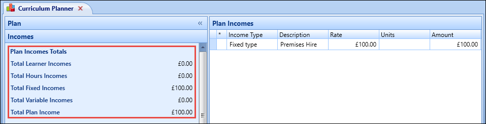 Plan Incomes pane - plan income totals