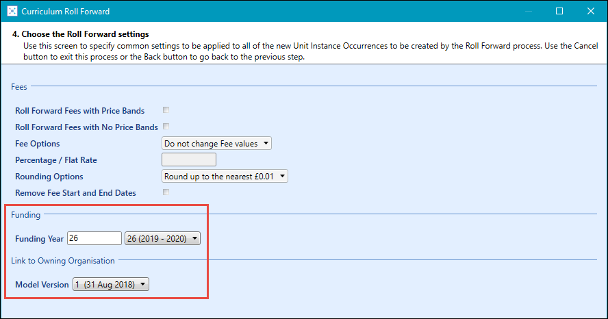 Funding Year and Model Version fields