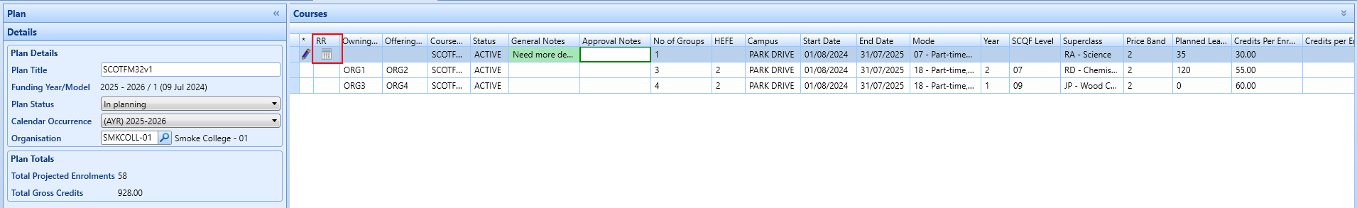 Curriculum planner example courses