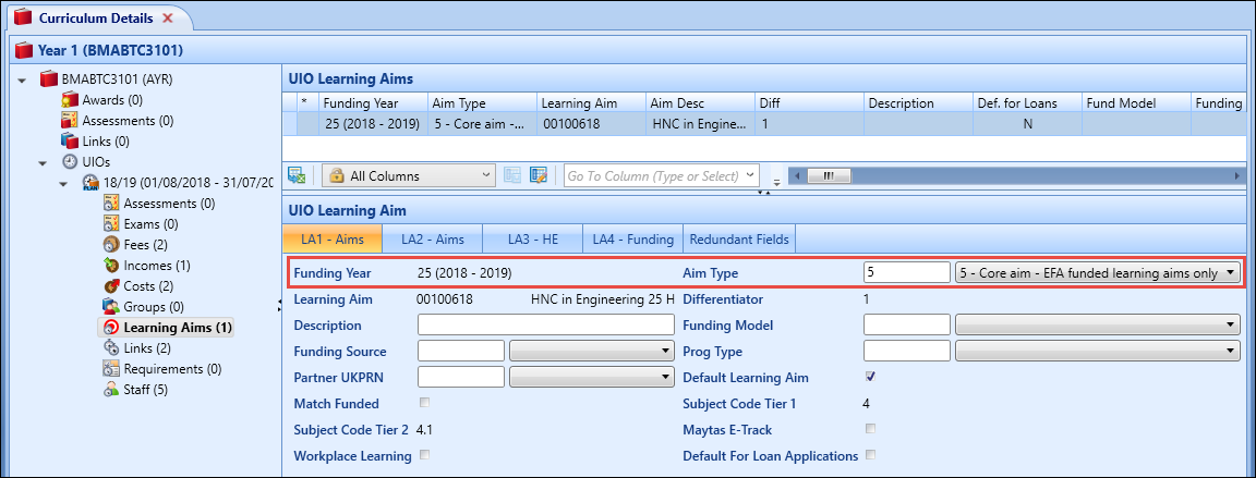 UIO Learning Aims screen - Funding Year and Aim Type fields