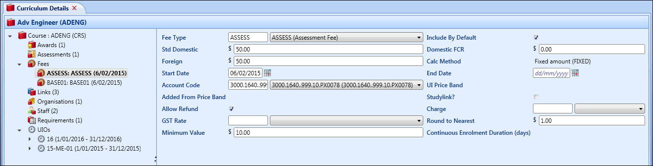 Curriculum Details screen - UI Fees