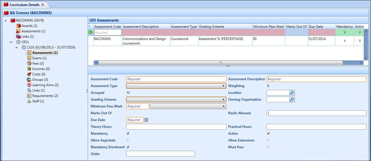 Curriculum Details screen - UIO Assessments