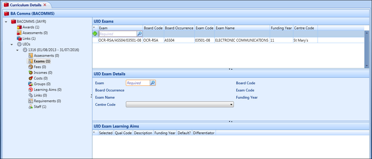 Curriculum Details screen - UIO Exams