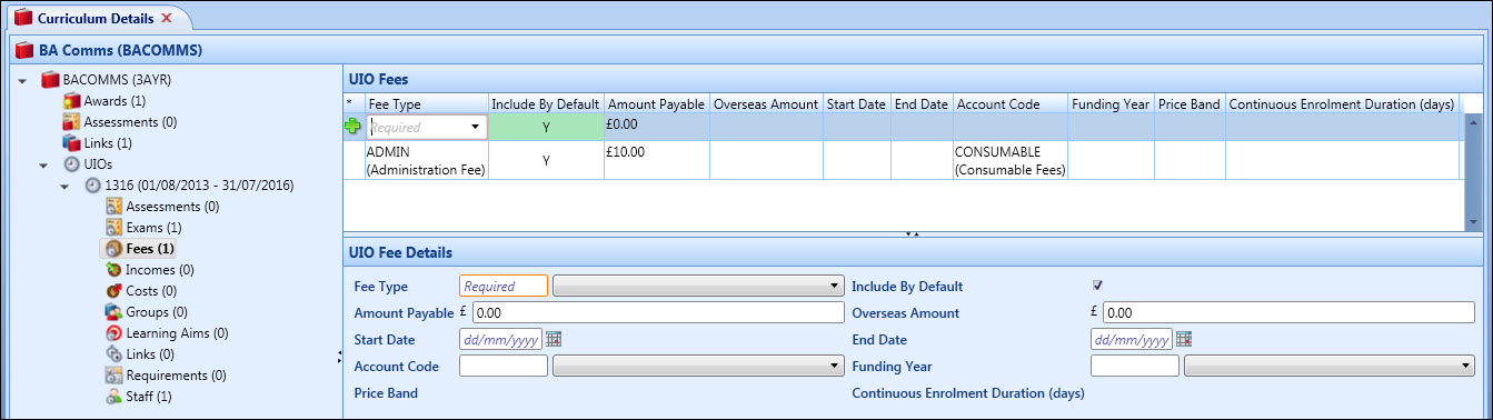 Curriculum Details screen - UIO Fees