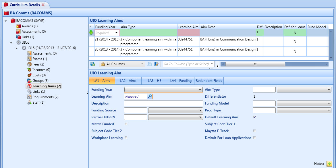 Curriculum Details screen - UIO Learning Aims