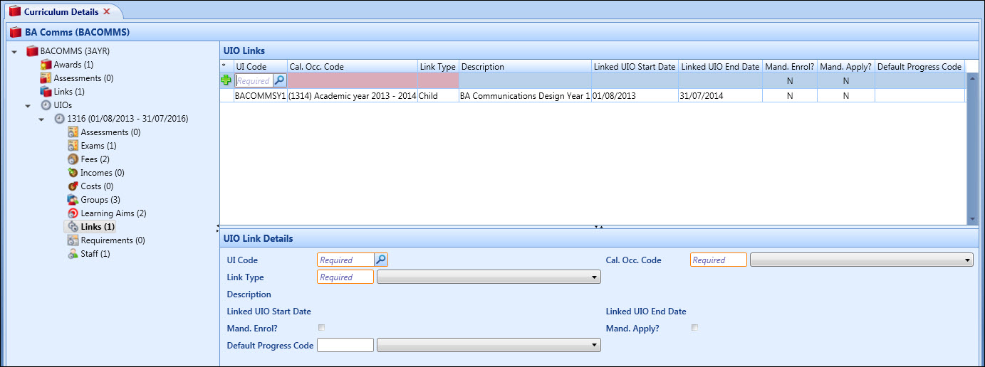 Curriculum Details screen - UIO Links