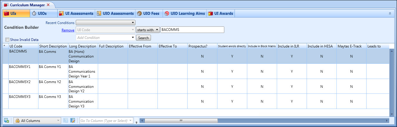 Curriculum Manager screen