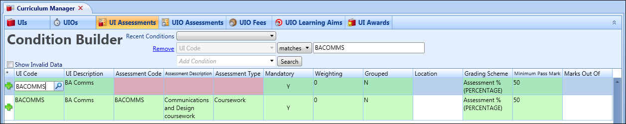 Curriculum Manager - UI Assessments grid