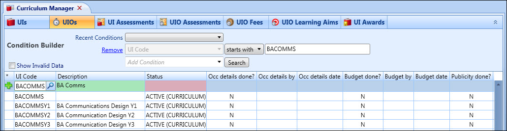 Curriculum Manager - UIOs grid