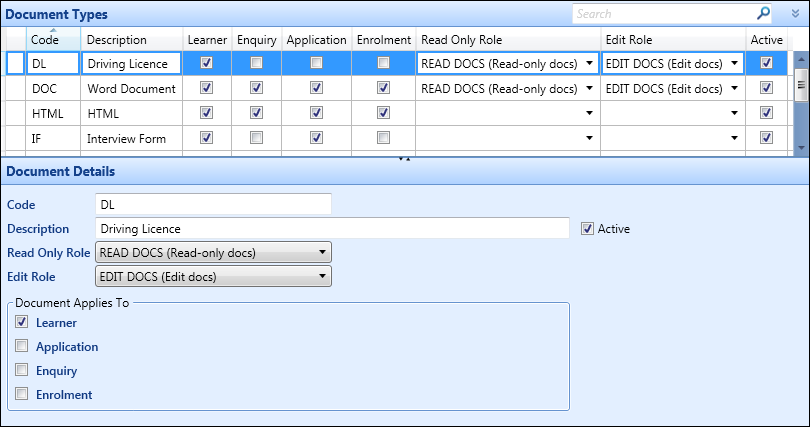 Document Types reference data