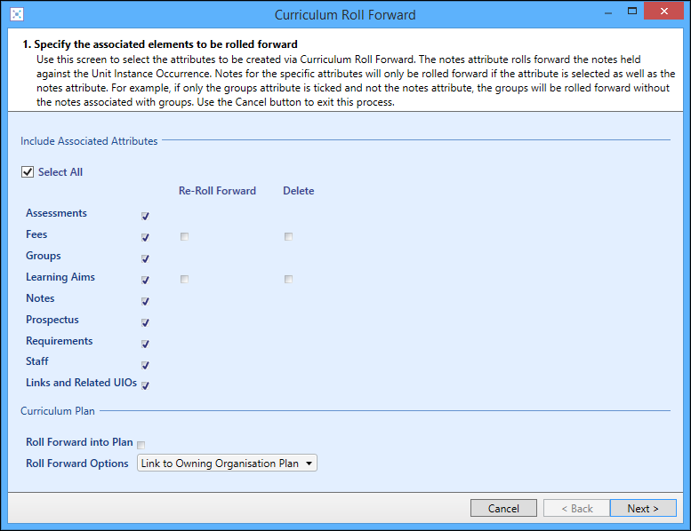 Curriculum Roll Forward wizard - screen 1