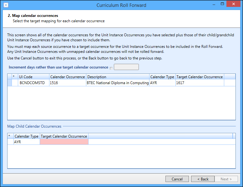 Curriculum Roll Forward wizard - screen 2