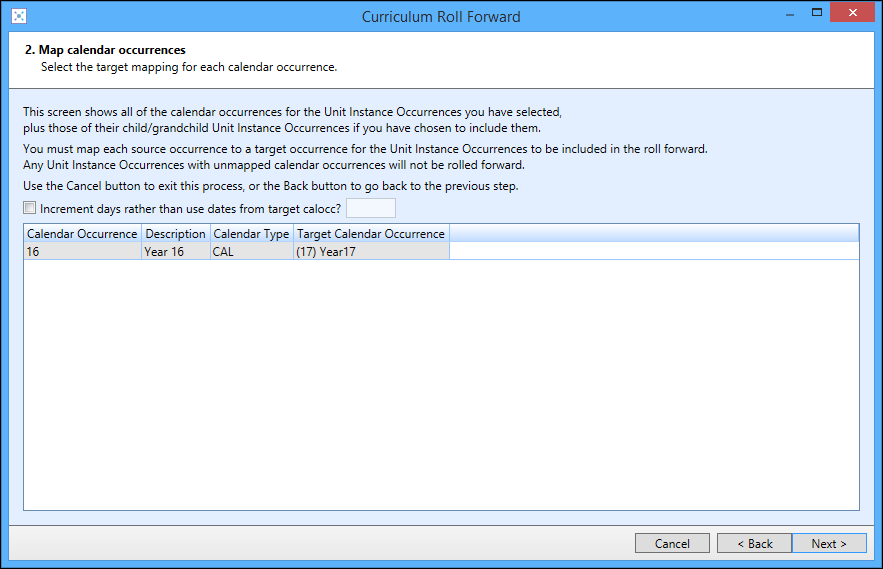 Curriculum Roll Forward wizard - screen 2