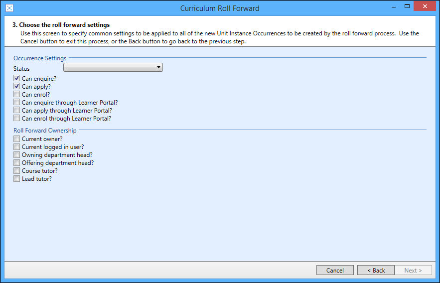 Curriculum Roll Forward wizard - screen 3