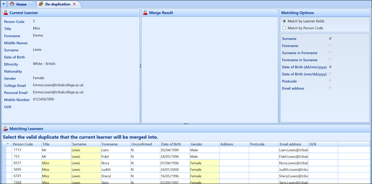 De-duplication screen