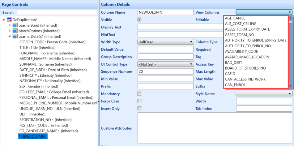 View Columns drop-down list