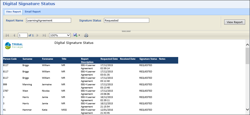 Digital Signature Status report run