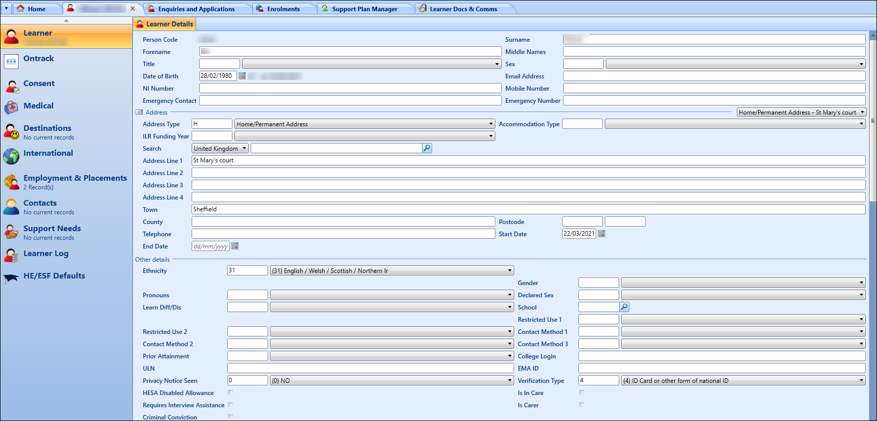 Learner Details screen