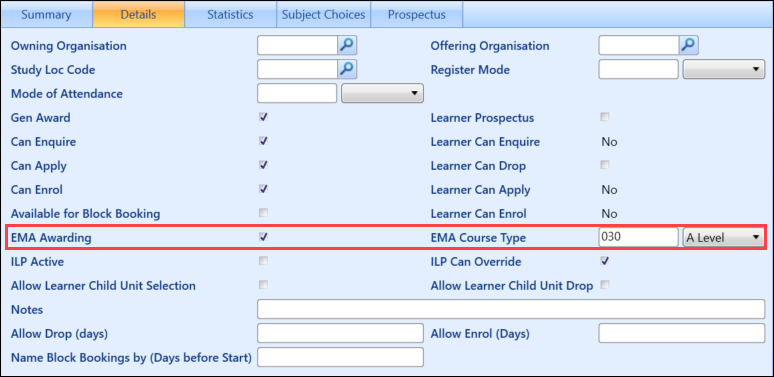 EMA Awarding and EMA Course Type fields