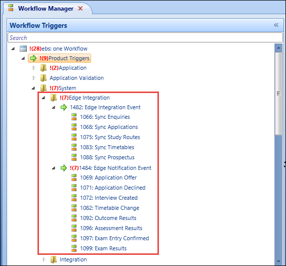 Edge Integration folder in the Product Triggers node