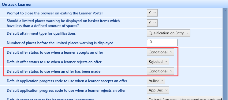 Default offer status institution settings