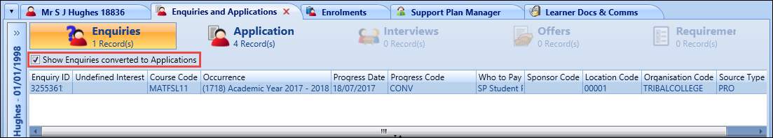 Show Enquiries converted to Applications check box